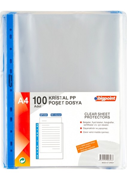 Poşet Dosya Mavi Şeritli, 90 Mikron, 100'LÜ Paket,a4,11 Delik