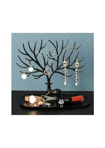 Geyik Tasarımlı Takı Standı Yüzük Küpe Kolye Askılığı Mücevher Organizer Siyah