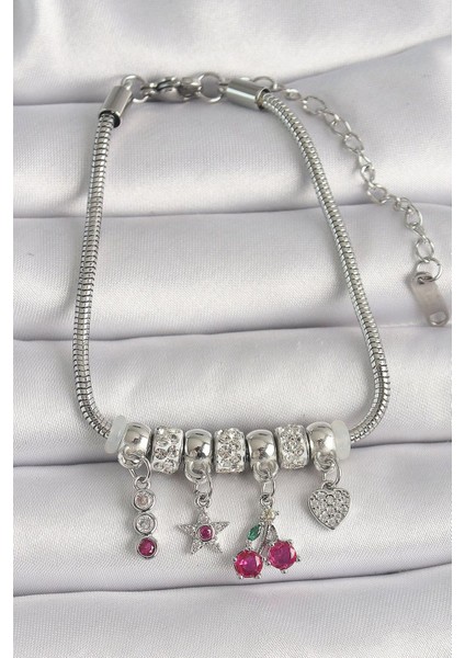 Çelik Taşlı Kiraz Model Charm Bileklik