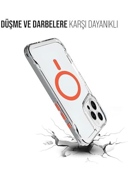 iPhone ile Uyumlu Şeffaf Sert Mika Sararmaz Renkli Magsafe Kılıf (Turuncu, iPhone 15 Pro Max)