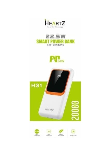 H31 20000 Mh Pd 20W ve USB 22.5W Fast Hızlı Şarj Dahili Type C ve Lightning Kablolu Dünya Standartlarına Uygun Polymer Batarya Birebir Amper LCD Göstergeli Powerbank (Beyaz)
