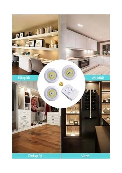 LED Işık Kablosuz Uzaktan Kumandalı Dolap Içi LED Ampul Seti 3lü Set Gece Lambası Spot Lamba