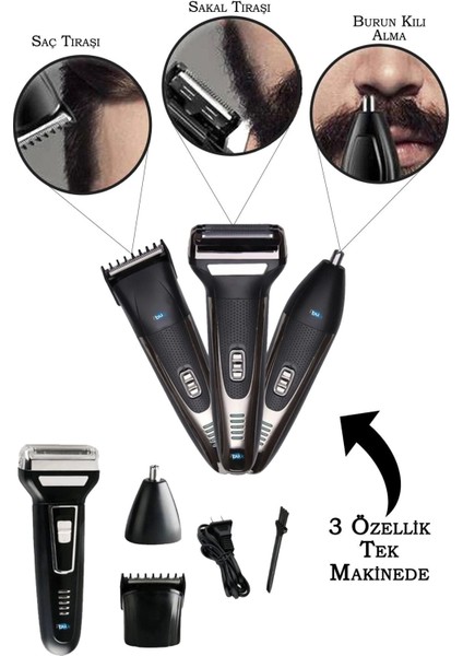 3 In 1 Saç Sakal Kesme Ense Burun Tıraş Makinesi Seti (5047) fırsatları