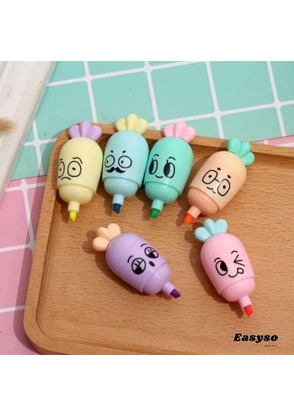 Fosforlu Kalem 6 Lı Mini Boy Pastel Renkler Havuç Yüz Ifadeli Işaretleme Kalemi, Çok Renkli