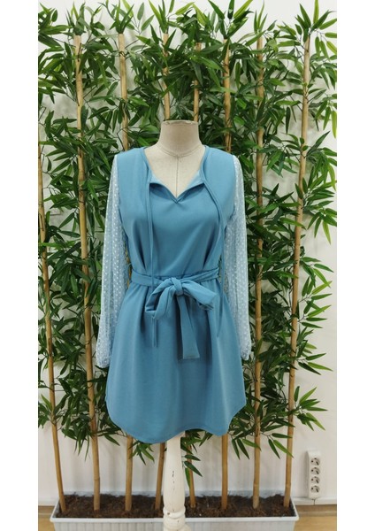 Kadın Uzun Kollu Yakadan Bağcıklı Belden Kuşaklı Ithal Krep Elbise