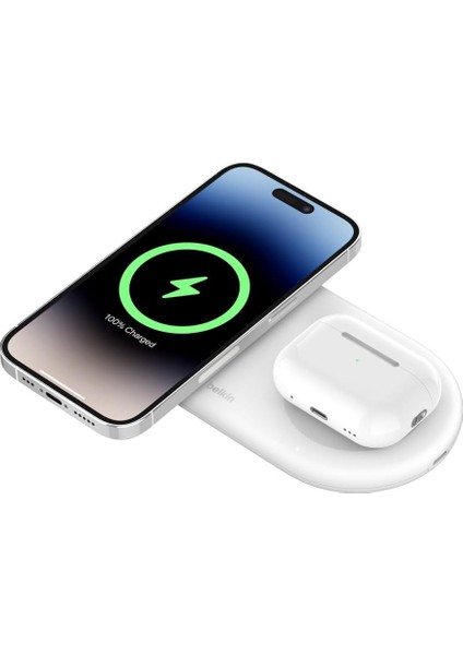 Boostcharge Pro 2'si 1 Arada Kablosuz Şarj Istasyonu, Manyetik Qi2, 15 W, Hızlı Şarj Cihazı, iPhone 15, Airpods ve Magsafe Özellikli Cihazlarla Uyumlu Kablosuz Şarj Cihazı, Beyaz