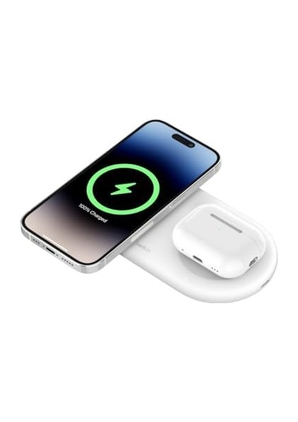 Boostcharge Pro 2'si 1 Arada Kablosuz Şarj Istasyonu, Manyetik Qi2, 15 W, Hızlı Şarj Cihazı, iPhone 15, Airpods ve Magsafe Özellikli Cihazlarla Uyumlu Kablosuz Şarj Cihazı, Beyaz