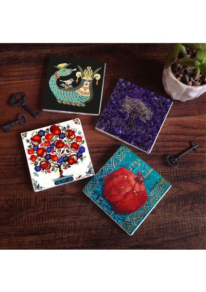 Hayat Ağacı, Şahmeran, Nar Ağacı, Nar Taş Bardak Altlığı Seti - 4 Parça - Dekoratif, Rustik Mutfak Aksesuarı, 10X10 Cm, Kaydırmaz Tabanlı, Şık ve Dayanıklı SC253