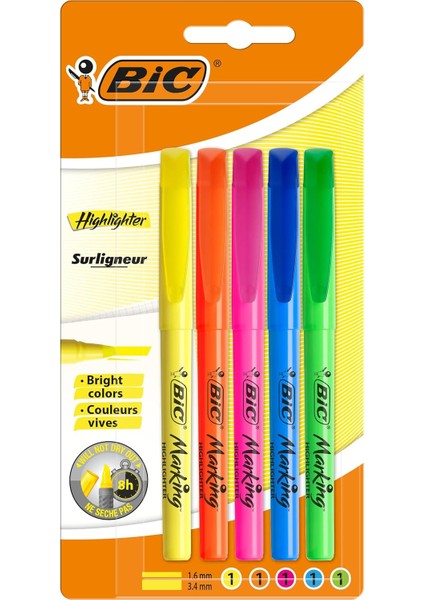 Intensity Marking Highlighter Fosforlu Kalem 5'li Blister Karışık Renkler, Floresan Su Bazlı Mürekkep