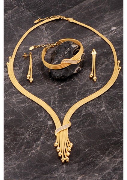 Hasır Dorissa Altın Kaplama Elişi Gümüş Set 2847