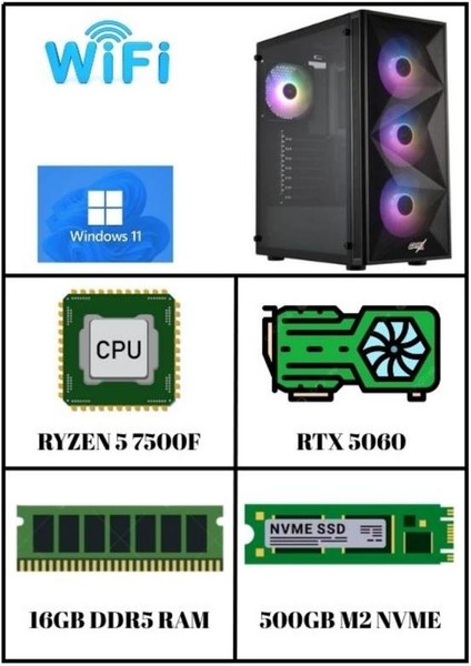 Eıgen Rtx 5060 8gb | R5 7500F | 16GB Ram | 500GB M2 Nvme SSD Masaüstü Oyuncu Bilgisayarı