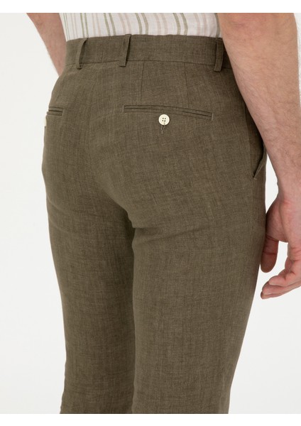Erkek Haki Slim Fit %100 Keten Pantolon 50284952-VR027