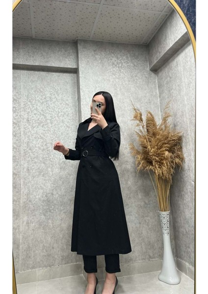 25Y16896 Trenchkot Bel Kemerli Orka Zincir Detaylı - Abacı - 25Y16896 - Siyah - 38