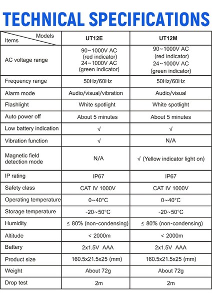 Unı-T UT12E Ac Voltaj Dedektörü Ölçer 24V-1000V Temassız Taşınabilir Test Kalemi Soketi Volt Akım Elektrik Test Kalemi Ses ve Işık Alarmı ve LED El Feneri Titreşimi (Yurt Dışından)