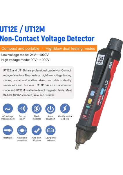 Unı-T UT12E Ac Voltaj Dedektörü Ölçer 24V-1000V Temassız Taşınabilir Test Kalemi Soketi Volt Akım Elektrik Test Kalemi Ses ve Işık Alarmı ve LED El Feneri Titreşimi (Yurt Dışından)