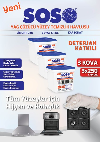 3 Adet x 250 Yaprak - Özel Formüllü Kova Yağ Çözücü Yüzey Temizleme Mendili Drstr