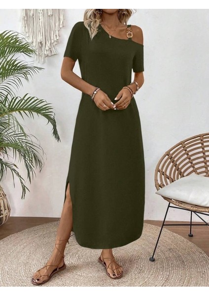 Kadın Tek Omuzdan Açık Toka Detaylı Yandan Yırtmaçlı Maksi Boy Viskon Elbise indirimleri