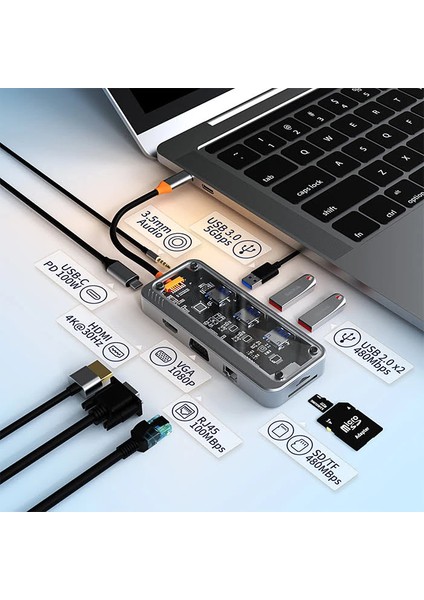 Ally 10IN1 Type-C To Usb3.0 + Usb2.0 *2 + Type-C Pd + 3.5mm + HDMI + VGA + Sd + Tf + - AGT1946-6335
