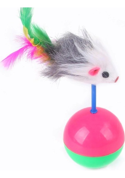 Kedi Oyun Topu Tüylü Fareli Hacı Yatmaz Eğitici Yavru Kedi Fare Kovalama Oyuncağı (5047)