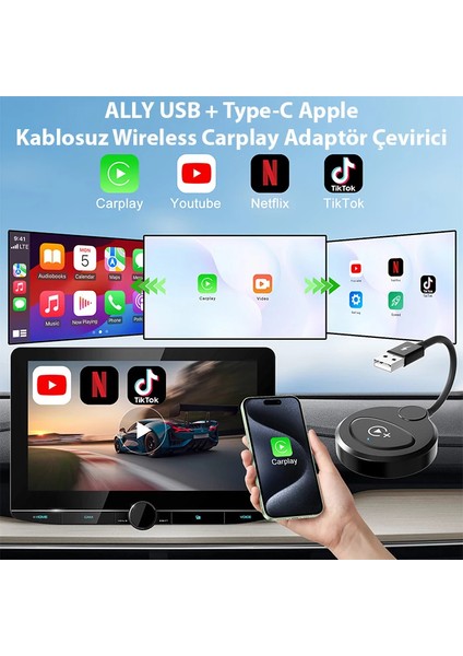 Usb+Type-C Apple Kablosuz Wireless Carplay Adaptör Çevirici -Youtube Netflix Tikto - BKS5423-7476