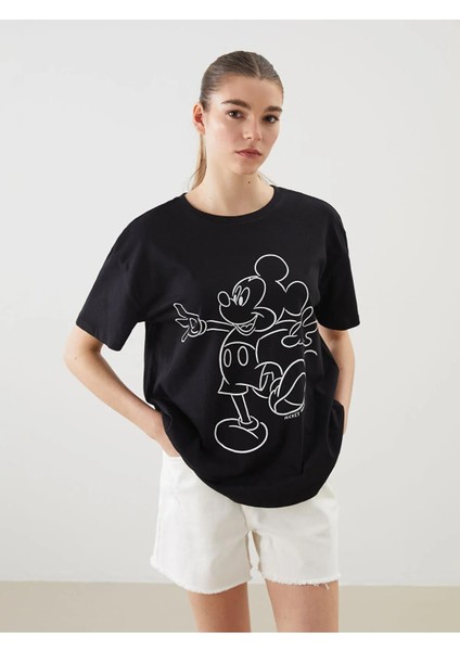 Xsıde Bisiklet Yaka Mickey Mouse Baskılı Kadın Tişört (S5)