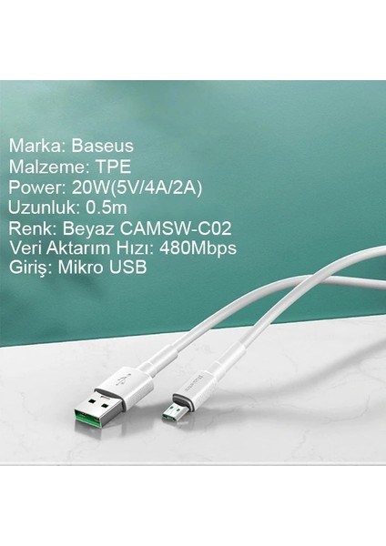 Baseus Mini White Micro USB 4A Oppo Vıvo Dash USB Şarj Kablosu 0.5CM-(5775) - GMS9159-7597 fiyatları