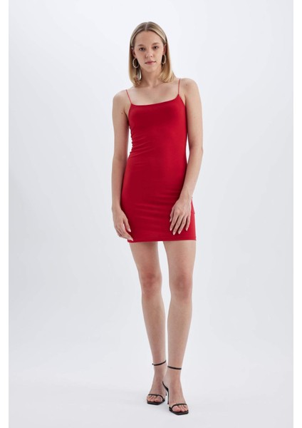 Bodycon Kare Yaka Kırmızı Askılı Mini Elbise D3265AXNS