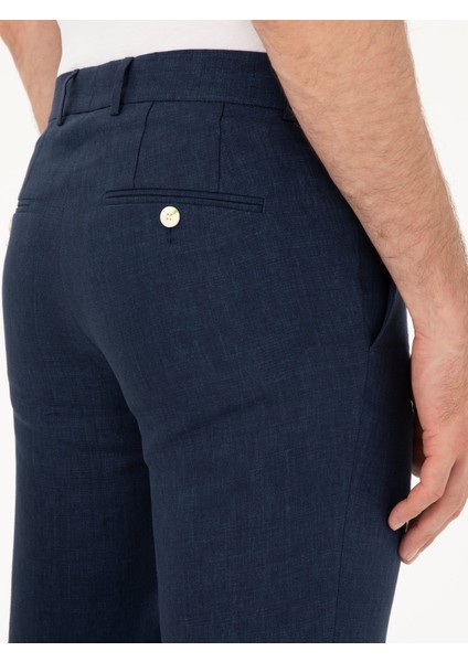 Erkek Lacivert Slim Fit %100 Keten Pantolon 50284952-VR033