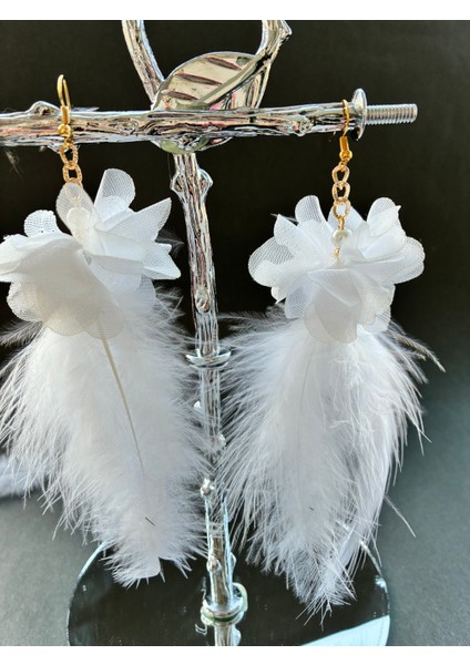 Tül Çiçekli Kuş Tüylü Altın Kaplama Malzemeli Kararmaz Küpe Çift Party, Düğün, Nişan ve Özel Günler