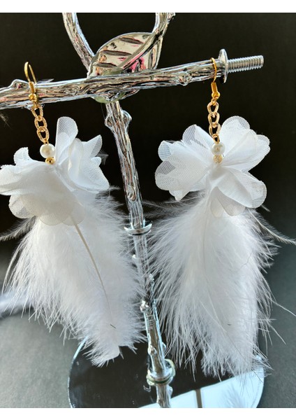 Tül Çiçekli Kuş Tüylü Altın Kaplama Malzemeli Kararmaz Küpe Çift Party, Düğün, Nişan ve Özel Günler modelleri