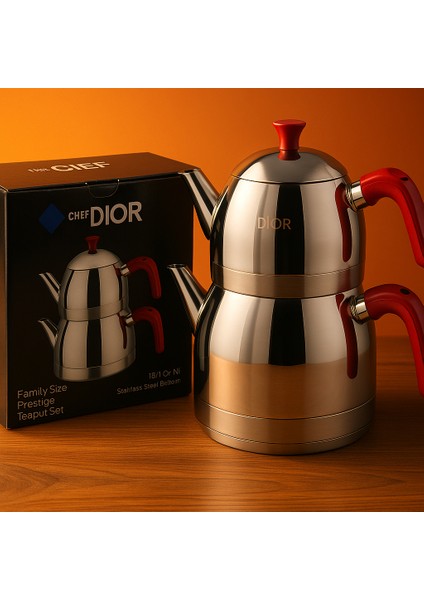 Chef Dior Prestij Serisi Aile Boy Çaydanlık - 18/10 Paslanmaz Çelik, Ergonomik Kulplu