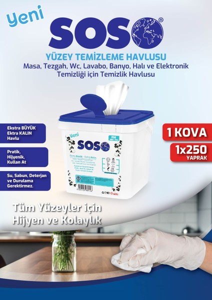 1 Adet x 250 Yaprak - Kova Beyaz Sabun Kokulu Sirkeli Karbonatlı Yüzey Temizleme Mendili 11