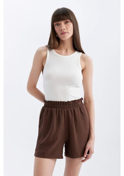 Relax Fit Paperbag Bel Geniş Paça Keten Karışımlı Şort D3944AX24SM