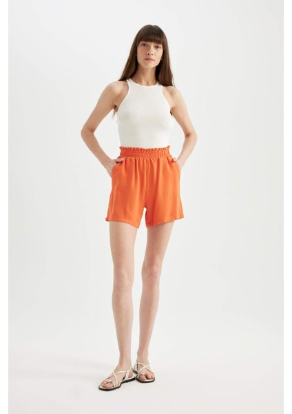 Relax Fit Paperbag Bel Geniş Paça Keten Karışımlı Şort D3944AX24SM