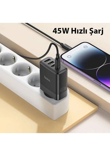 Hoco C127A PD45W(1C3A) Hızlı Şarj Aleti + Type-C To iPhone Lightning Kablo Seti-( - MBN7337-5516