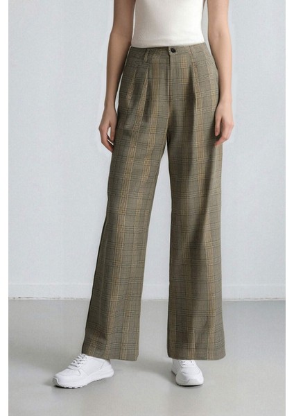 Wide Leg Klasik Kumaş Pantolon Geniş Bol Paça Kareli Çift Cepli Yüksek Bel Piliseli Standart Boy D4439AX24AU