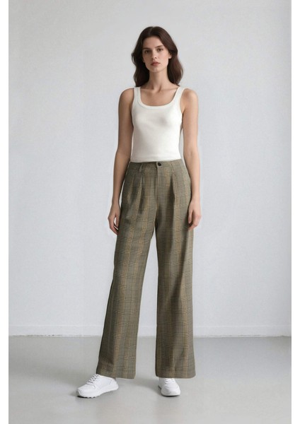 Wide Leg Klasik Kumaş Pantolon Geniş Bol Paça Kareli Çift Cepli Yüksek Bel Piliseli Standart Boy D4439AX24AU