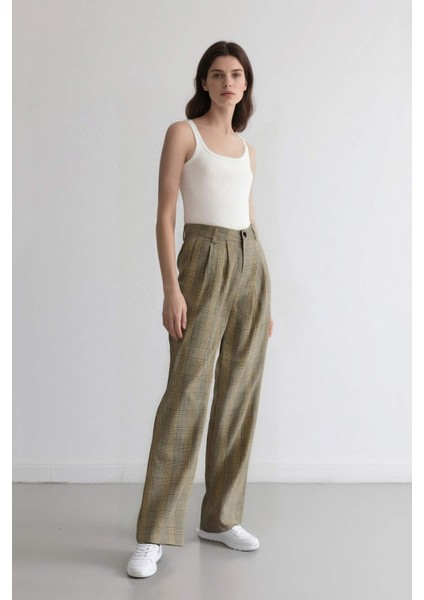 Wide Leg Klasik Kumaş Pantolon Geniş Bol Paça Kareli Çift Cepli Yüksek Bel Piliseli Standart Boy D4439AX24AU