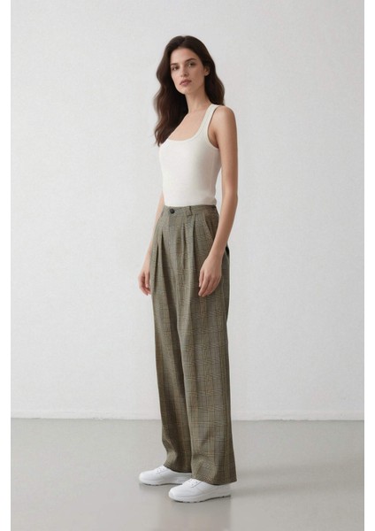 Wide Leg Klasik Kumaş Pantolon Geniş Bol Paça Kareli Çift Cepli Yüksek Bel Piliseli Standart Boy D4439AX24AU