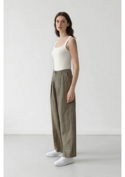 Wide Leg Klasik Kumaş Pantolon Geniş Bol Paça Kareli Çift Cepli Yüksek Bel Piliseli Standart Boy D4439AX24AU