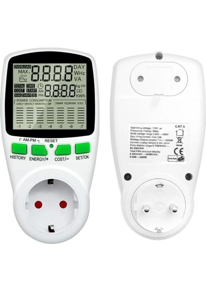 Dijital Wattmetre Enerji Sarfiyat Ölçer Tüketim Ölçer 220 Volt 16 Amper 3680 Watt Priz (5047)