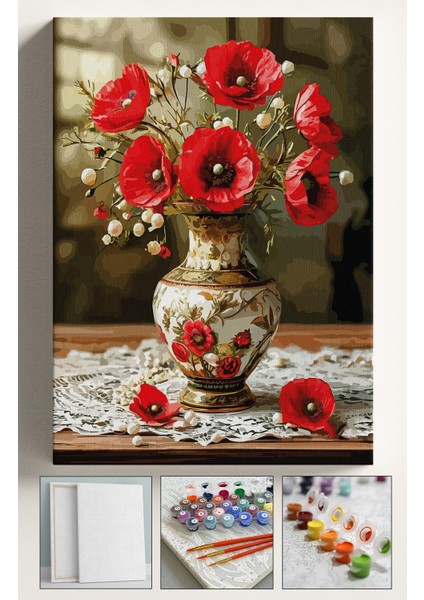 Sayılarla Boyama Seti Numaralı Tuval Fırça Boya Kasnaklı 40X50 cm - Dantel Vazo