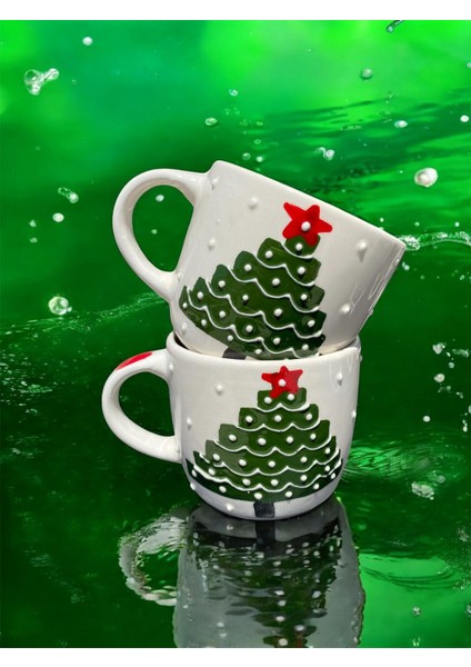 El Yapımı Yılbaşı Temalı El Boyaması Çam Ağacı Desenli Hediyelik 2'li Seramik Kupa