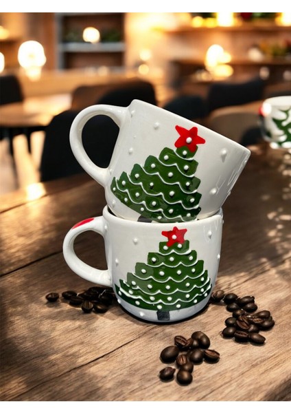 El Yapımı Yılbaşı Temalı El Boyaması Çam Ağacı Desenli Hediyelik 2'li Seramik Kupa fiyatları
