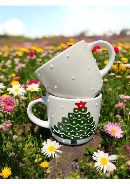 El Yapımı Yılbaşı Temalı El Boyaması Çam Ağacı Desenli Hediyelik 2'li Seramik Kupa modelleri