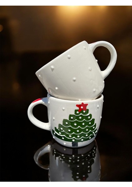 El Yapımı Yılbaşı Temalı El Boyaması Çam Ağacı Desenli Hediyelik 2'li Seramik Kupa indirimleri