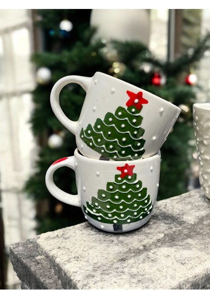 El Yapımı Yılbaşı Temalı El Boyaması Çam Ağacı Desenli Hediyelik 2'li Seramik Kupa
