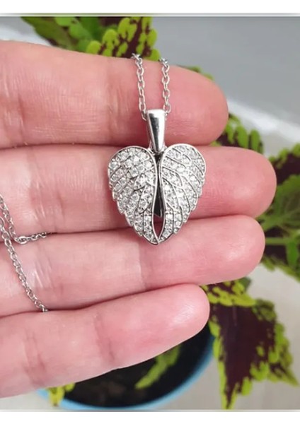 Melek Kanadı Çelik Kolye Açılır Kapanır Taşlı Silver Renk