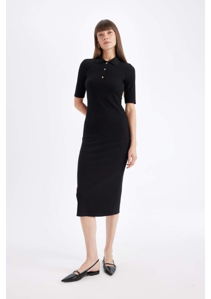 Bodycon Vücuda Oturan Basic Düz Düğmeli Polo Yaka Fitilli Kaşkorse Yarım Kollu Midi Siyah Elbise C2882AX24AU