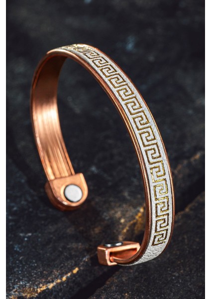 Erkek Kadın Bakır Bileklik - Üstü Hakiki Deri Grek Işlemeli Mıknatıslı Model